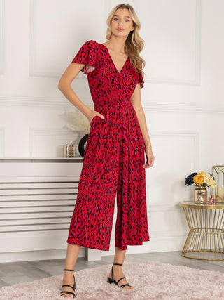 Sandra Cap Sleeve Culotte Jumpsuit, Red Animal