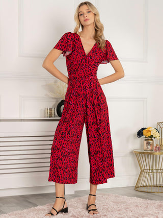 Sandra Cap Sleeve Culotte Jumpsuit, Red Animal