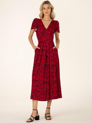 Sandra Cap Sleeve Culotte Jumpsuit, Red Animal