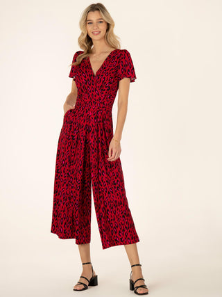 Sandra Cap Sleeve Culotte Jumpsuit, Red Animal