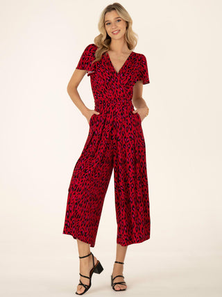 Sandra Cap Sleeve Culotte Jumpsuit, Red Animal