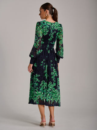 Long Sleeve Print Lace Maxi Dress, Navy Multi