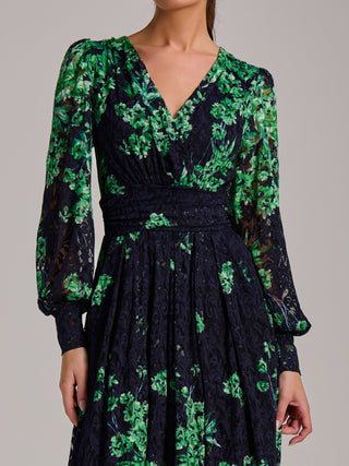 Long Sleeve Print Lace Maxi Dress, Navy Multi