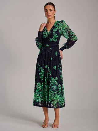 Long Sleeve Print Lace Maxi Dress, Navy Multi