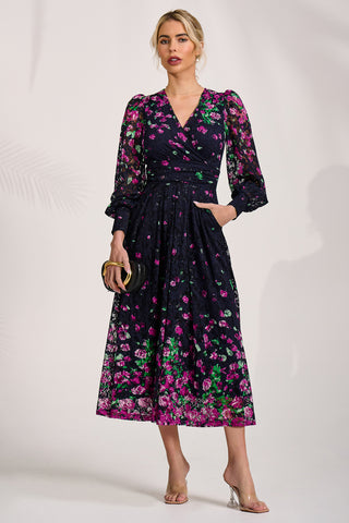 Long Sleeve Printed Lace Maxi Dress, Fuchsia Floral