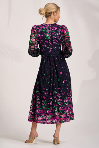 Long Sleeve Printed Lace Maxi Dress, Fuchsia Floral
