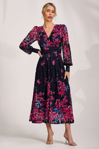 Long Sleeve Printed Lace Maxi Dress, Pink Multi