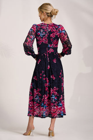 Long Sleeve Printed Lace Maxi Dress, Pink Multi
