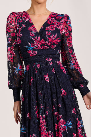 Long Sleeve Printed Lace Maxi Dress, Pink Multi