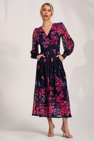 Long Sleeve Printed Lace Maxi Dress, Pink Multi