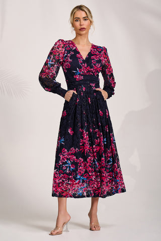 Long Sleeve Printed Lace Maxi Dress, Pink Multi