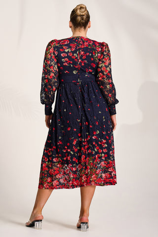 Long Sleeve Printed Lace Maxi Dress, Red Floral