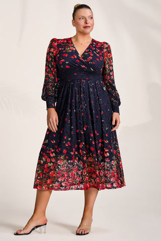 Long Sleeve Printed Lace Maxi Dress, Red Floral