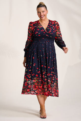 Long Sleeve Printed Lace Maxi Dress, Red Floral