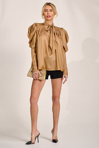 Bow Neck Puff Sleeve Satin Blouse, Golden Mocha
