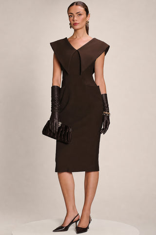 Statement Collar Hourglass Midi Dress, Chocolate Brown