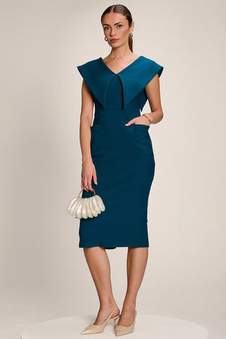 Statement Collar Hourglass Midi Dress, Dark Teal