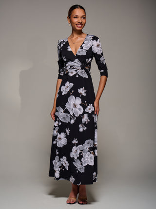 Jersey Ruched Waist Fit & Flare Maxi Dress, Black Floral