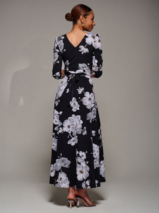 Jersey Ruched Waist Fit & Flare Maxi Dress, Black Floral