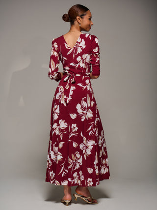 Jersey Ruched Waist Fit & Flare Maxi Dress, Burgundy Floral