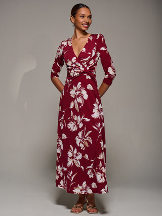 Jersey Ruched Waist Fit & Flare Maxi Dress, Burgundy Floral