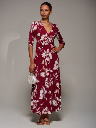 Jersey Ruched Waist Fit & Flare Maxi Dress, Burgundy Floral
