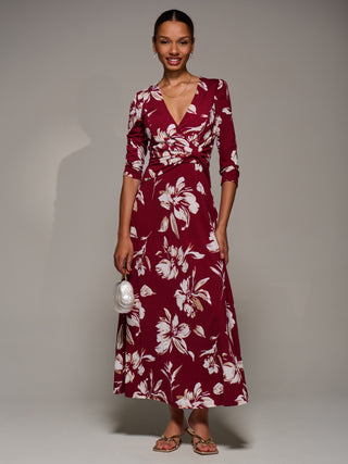 Jersey Ruched Waist Fit & Flare Maxi Dress, Burgundy Floral