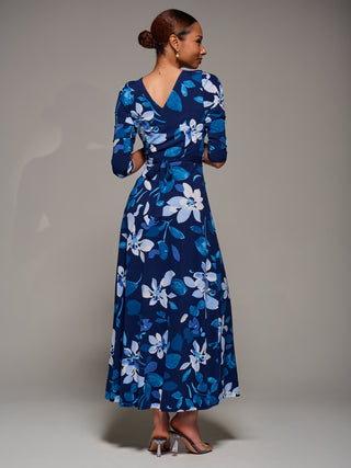 Jersey Ruched Waist Fit & Flare Maxi Dress, Navy Floral