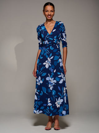 Jersey Ruched Waist Fit & Flare Maxi Dress, Navy Floral