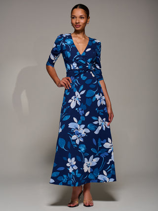 Jersey Ruched Waist Fit & Flare Maxi Dress, Navy Floral
