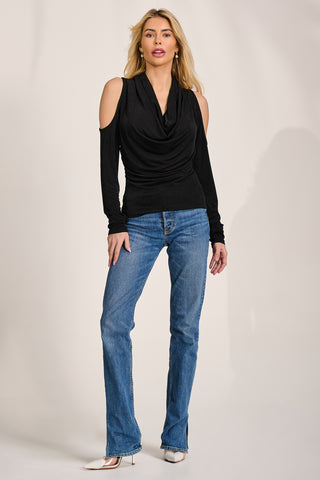 Cowl Neckline Cold Shoulder Jersey Top, Black