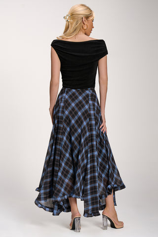 Checked Chiffon Hanky Hem Maxi Skirt, Blue Check