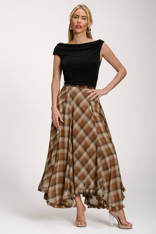 Checked Chiffon Hanky Hem Maxi Skirt, Brown Check