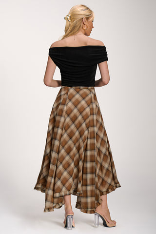 Checked Chiffon Hanky Hem Maxi Skirt, Brown Check