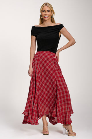 Checked Chiffon Hanky Hem Maxi Skirt, Red Check