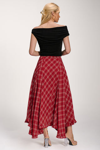 Checked Chiffon Hanky Hem Maxi Skirt, Red Check