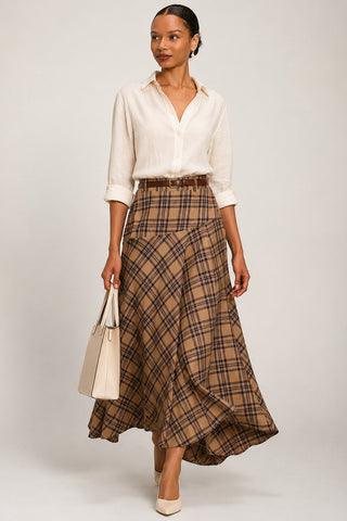Check Asymmetric Woven Maxi Skirt, Brown Check
