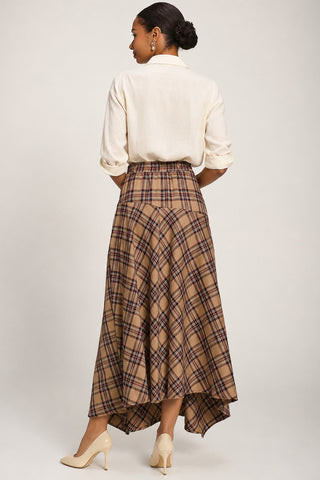 Check Asymmetric Woven Maxi Skirt, Brown Check
