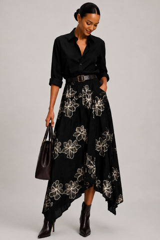 Asymmetric Embroidered Midi Skirt, Black