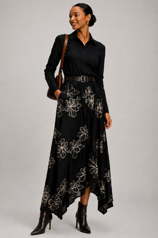 Asymmetric Embroidered Midi Skirt, Black