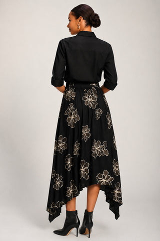 Asymmetric Embroidered Midi Skirt, Black