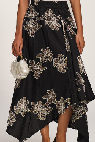 Asymmetric Embroidered Midi Skirt, Black