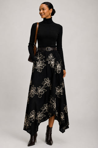 Asymmetric Embroidered Midi Skirt, Black