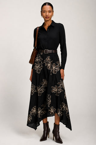 Asymmetric Embroidered Midi Skirt, Black