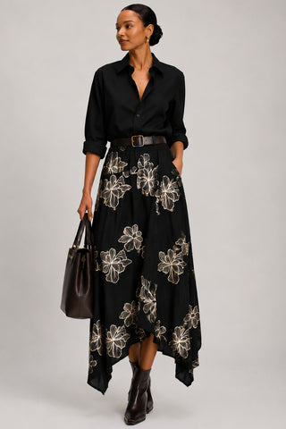 Asymmetric Embroidered Midi Skirt, Black