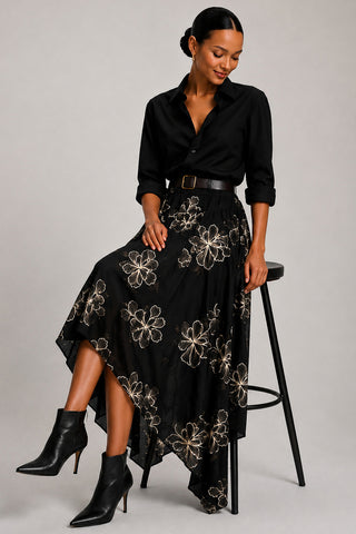 Asymmetric Embroidered Midi Skirt, Black
