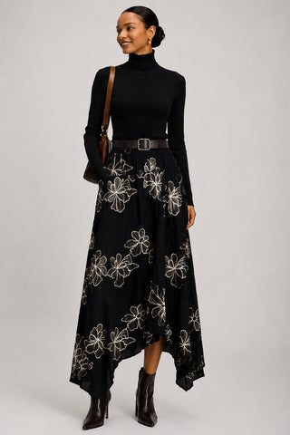 Asymmetric Embroidered Midi Skirt, Black
