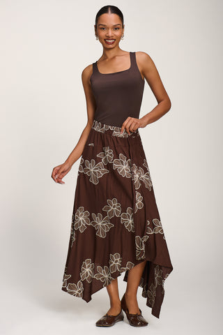 Asymmetric Embroidered Midi Skirt, Cocoa Brown