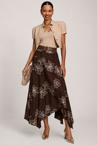 Asymmetric Embroidered Midi Skirt, Cocoa Brown