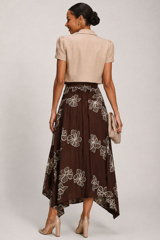 Asymmetric Embroidered Midi Skirt, Cocoa Brown